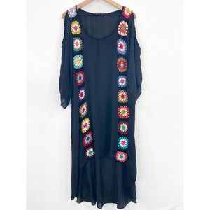 Women's Boho Beachy Black Swimsuit Coverup Dress Crochet Cold Shoulder 3XL